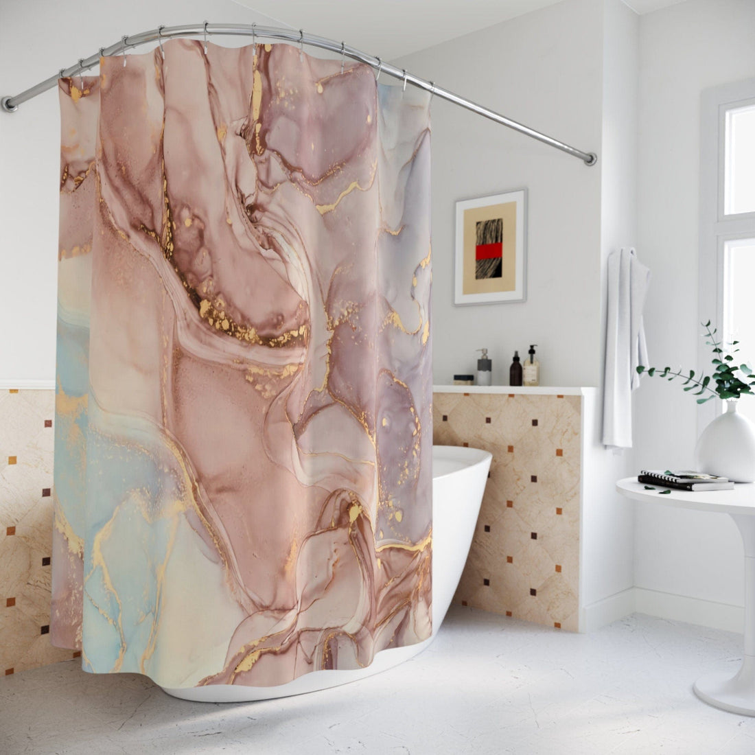 Kate McEnroe New York Shower Curtain in Pastel Peach, Blue, Gold Marble Print, Custom Designed, Waterproof, Machine Washable Standard Fit Bath CurtainsShower CurtainsS40 - MAR - PEA - 7X9P