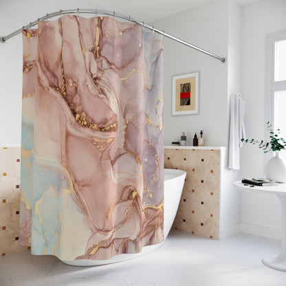 Kate McEnroe New York Shower Curtain in Pastel Peach, Blue, Gold Marble Print, Custom Designed, Waterproof, Machine Washable Standard Fit Bath CurtainsShower CurtainsS40 - MAR - PEA - 7X9P