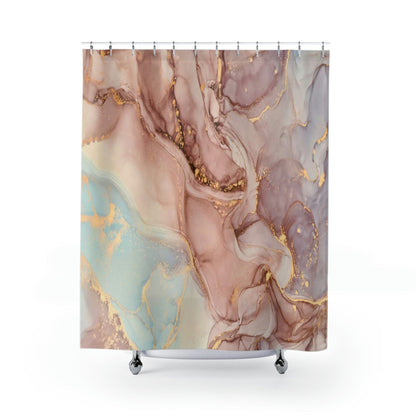 Kate McEnroe New York Shower Curtain in Pastel Peach, Blue, Gold Marble Print, Custom Designed, Waterproof, Machine Washable Standard Fit Bath CurtainsShower CurtainsS40 - MAR - PEA - 7X9P