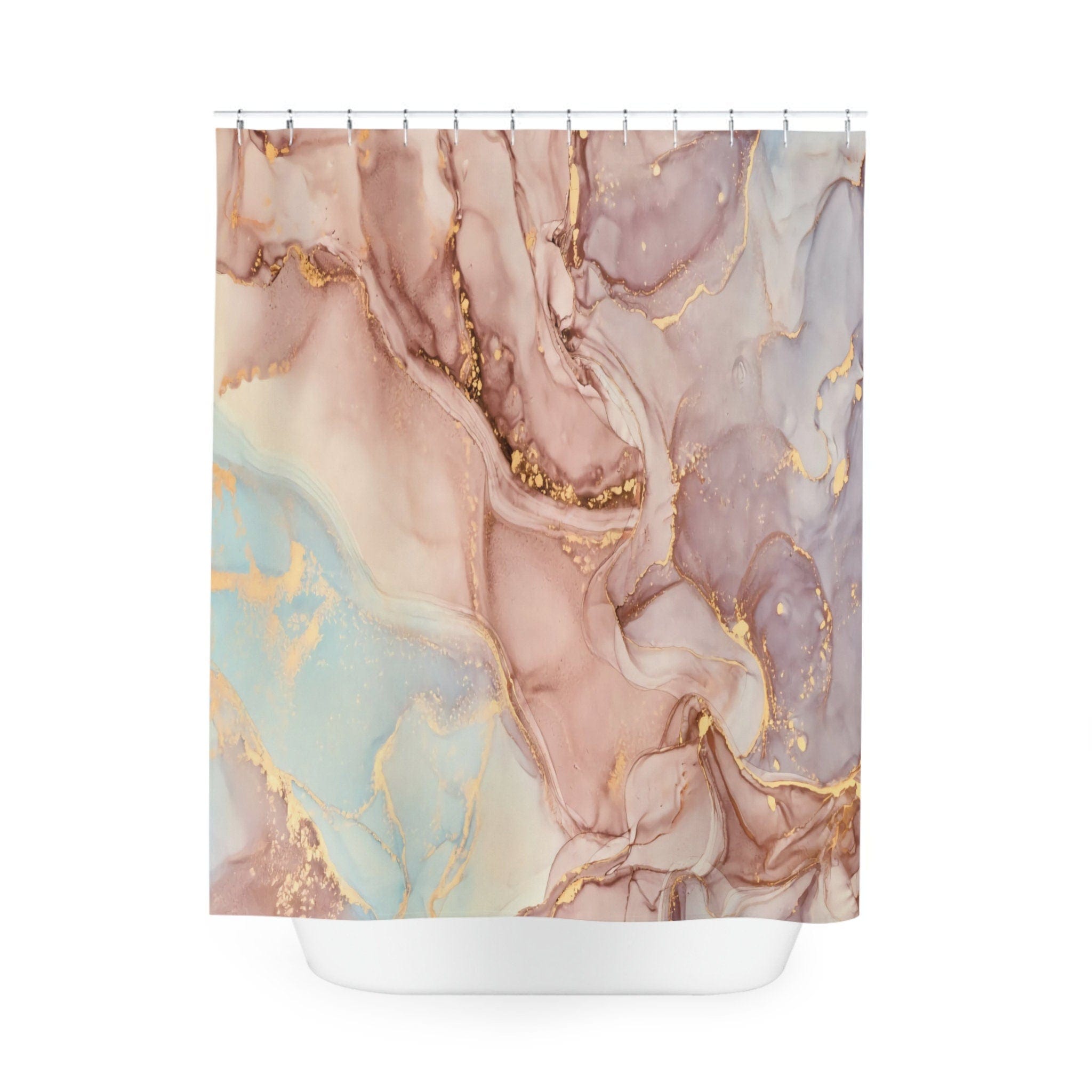 Kate McEnroe New York Shower Curtain in Pastel Peach, Blue, Gold Marble Print, Custom Designed, Waterproof, Machine Washable Standard Fit Bath CurtainsShower CurtainsS40 - MAR - PEA - 7X9P