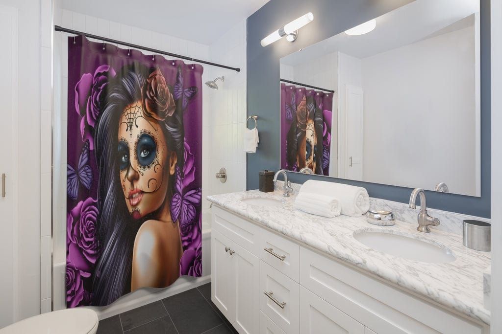 Kate McEnroe New York Shower Curtain in Purple Calavera Day of the Dead Dia De Los Muertos Halloween Skull Design Home Decor 71" × 74" 58101087870418783915