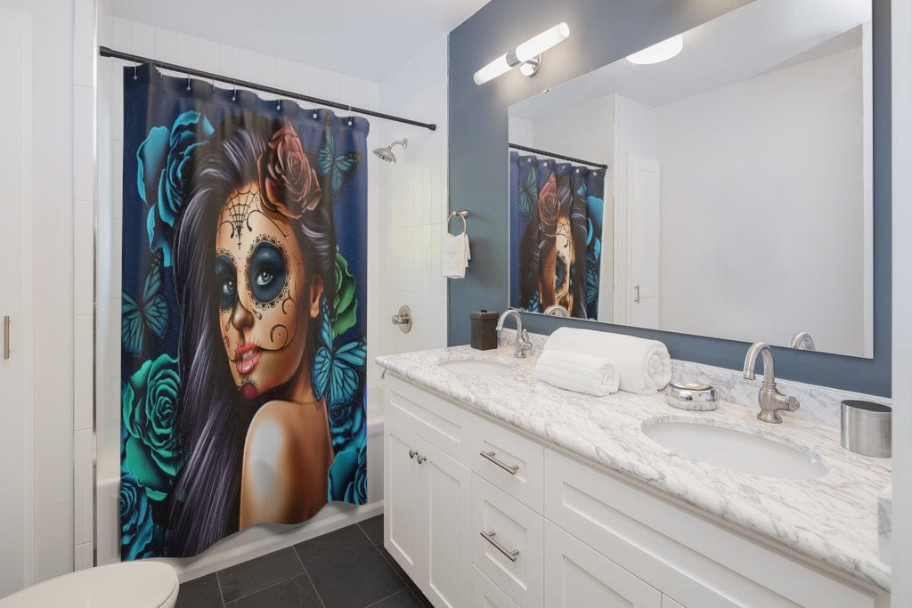 Kate McEnroe New York Shower Curtain in Turquoise Calavera Day of the Dead Dia De Los Muertos Halloween Skull Design Home Decor 71&quot; × 74&quot; 38033524199451656052