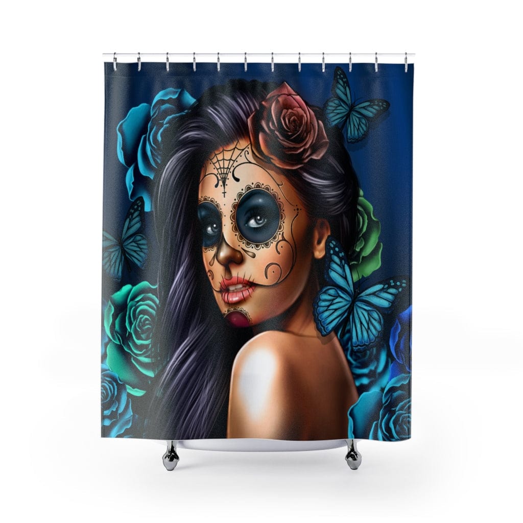 Kate McEnroe New York Shower Curtain in Turquoise Calavera Day of the Dead Dia De Los Muertos Halloween Skull Design Home Decor 71&quot; × 74&quot; 38033524199451656052
