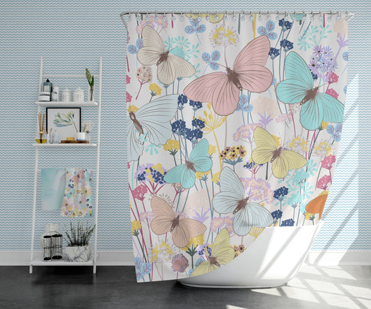 Kate McEnroe New York Shower Curtain with Pastel Watercolor Butterfly and Flowers Home Decor 71" × 74" 23339989274096003114