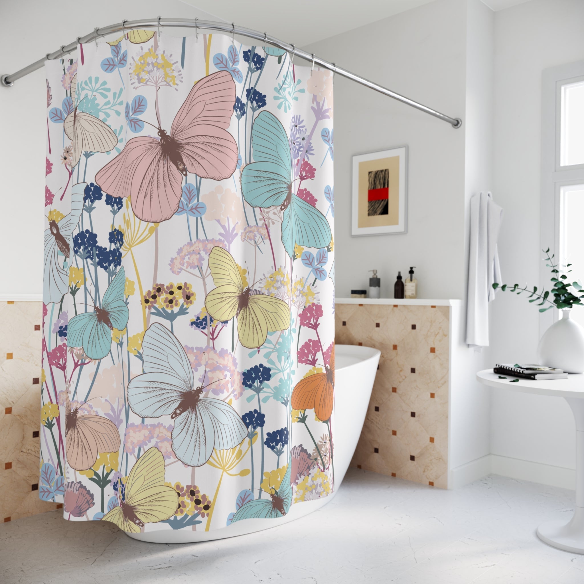 Kate McEnroe New York Shower Curtain with Pastel Watercolor Butterfly and FlowersShower Curtains23339989274096003114