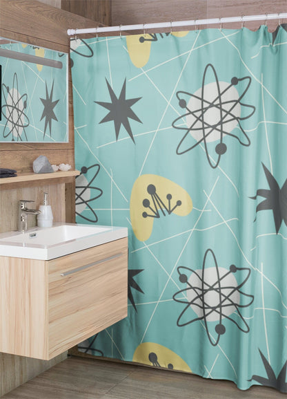 Kate McEnroe New York Shower Curtains in Mid Century Modern Retro 1950s Atomic Boomerang , Aqua Blue, Mustard Yellow MCM Starbursts Bath Curtains, Retro BathroomShower Curtains91807106435242948329