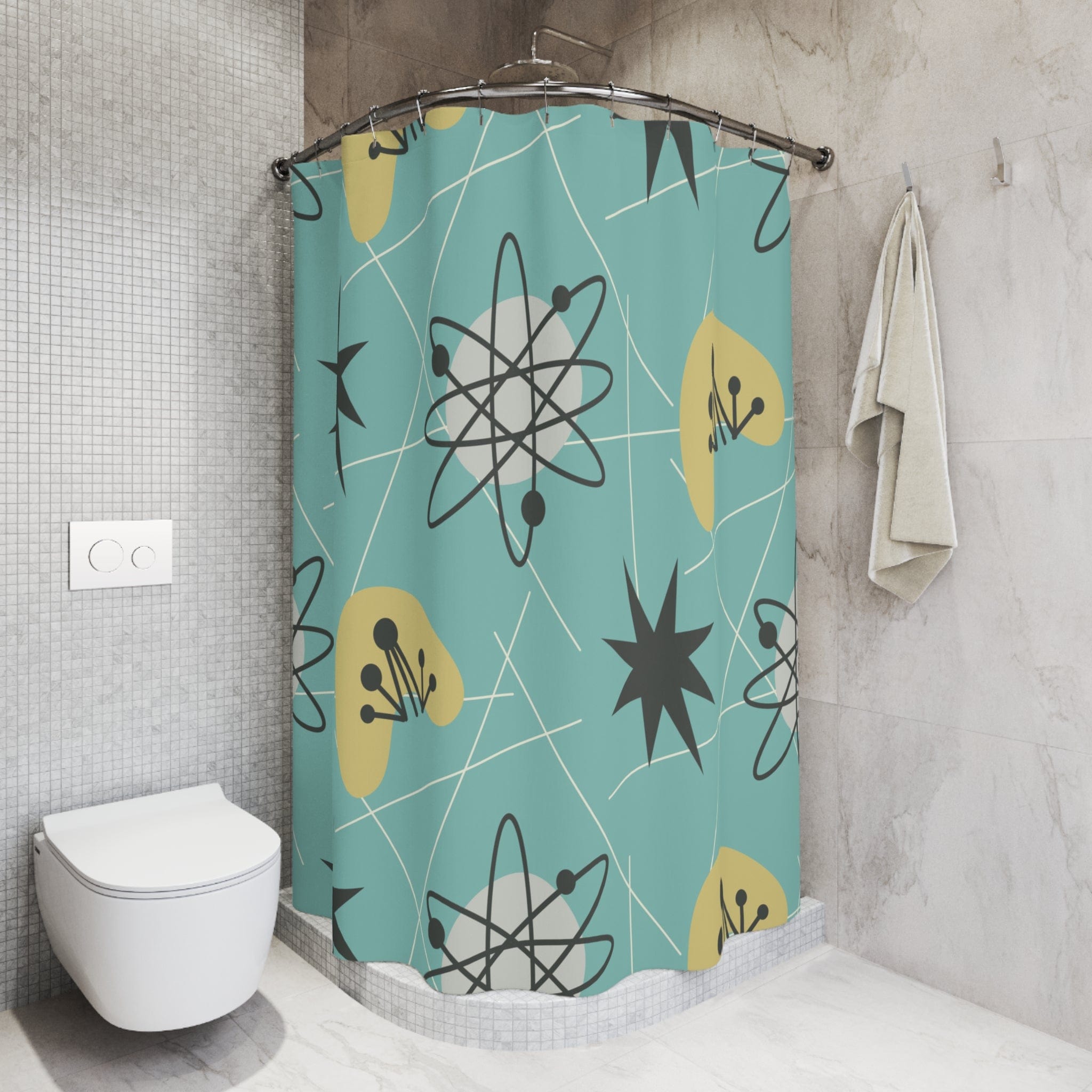 Kate McEnroe New York Shower Curtains in Mid Century Modern Retro 1950s Atomic Boomerang , Aqua Blue, Mustard Yellow MCM Starbursts Bath Curtains, Retro BathroomShower Curtains91807106435242948329