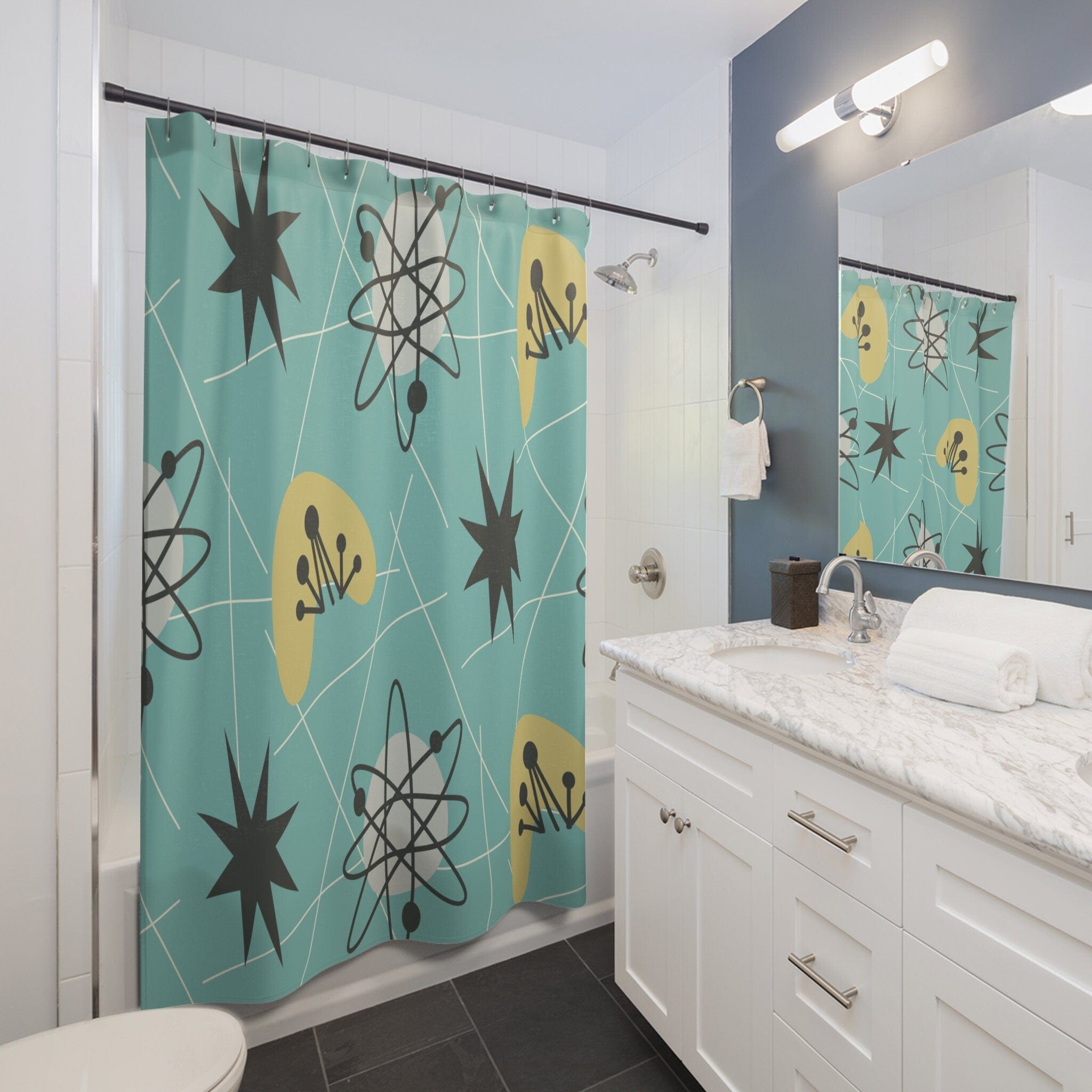 Kate McEnroe New York Shower Curtains in Mid Century Modern Retro 1950s Atomic Boomerang , Aqua Blue, Mustard Yellow MCM Starbursts Bath Curtains, Retro BathroomShower Curtains91807106435242948329