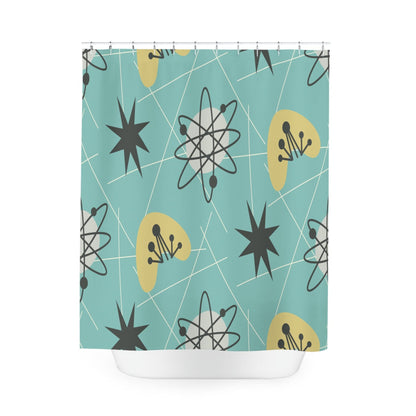 Kate McEnroe New York Shower Curtains in Mid Century Modern Retro 1950s Atomic Boomerang , Aqua Blue, Mustard Yellow MCM Starbursts Bath Curtains, Retro BathroomShower Curtains91807106435242948329