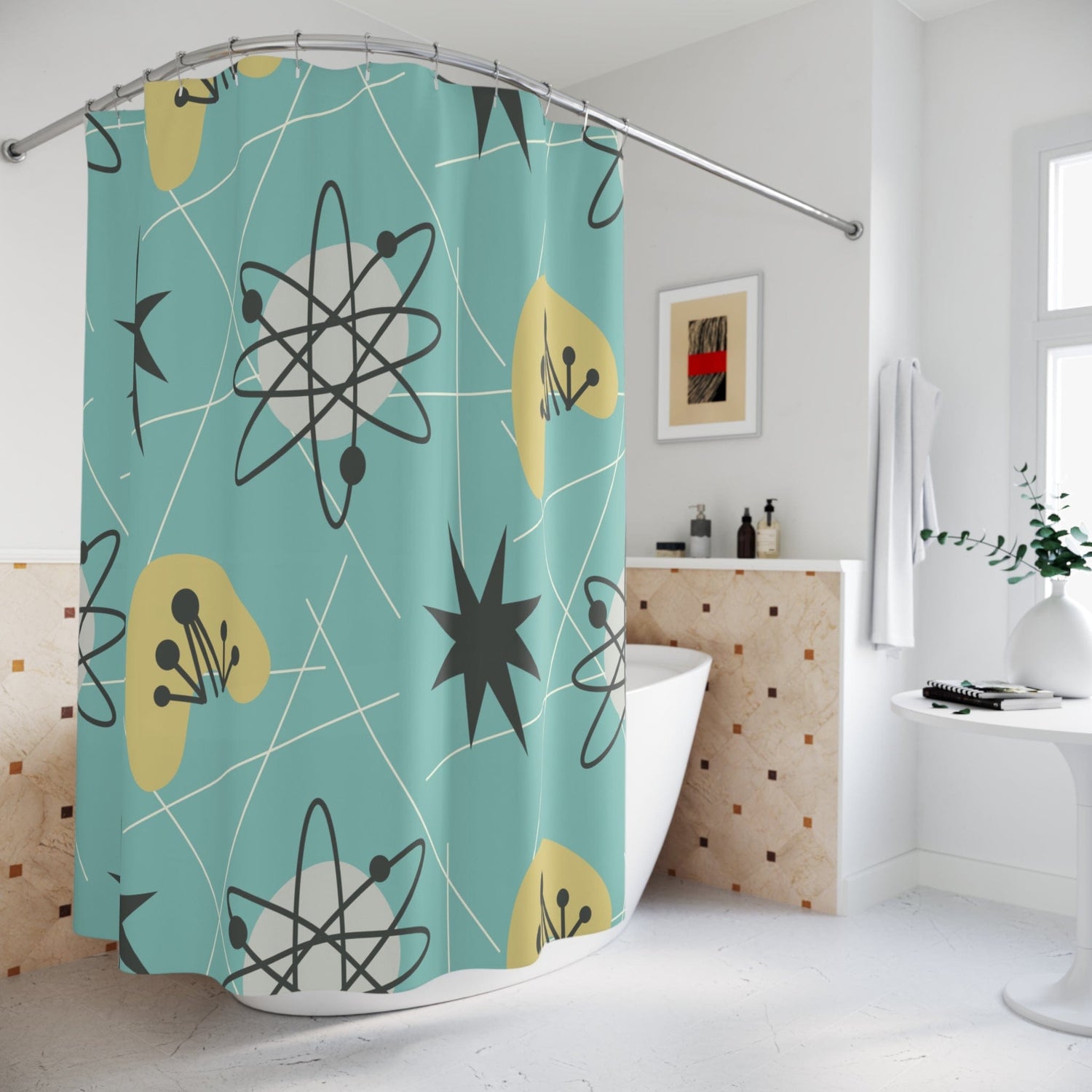 Kate McEnroe New York Shower Curtains in Mid Century Modern Retro 1950s Atomic Boomerang , Aqua Blue, Mustard Yellow MCM Starbursts Bath Curtains, Retro BathroomShower Curtains91807106435242948329