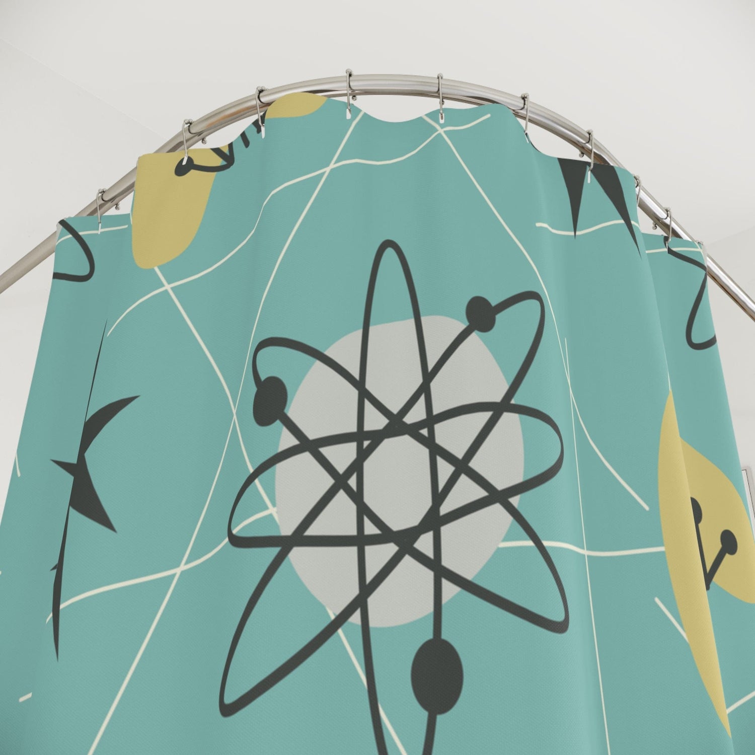 Kate McEnroe New York Shower Curtains in Mid Century Modern Retro 1950s Atomic Boomerang , Aqua Blue, Mustard Yellow MCM Starbursts Bath Curtains, Retro BathroomShower Curtains91807106435242948329