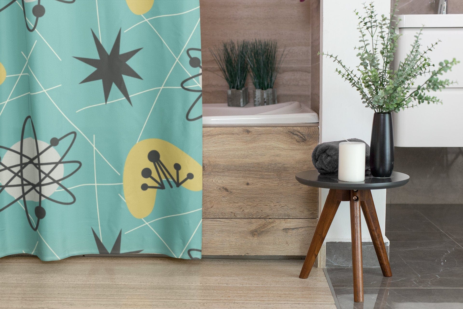 Kate McEnroe New York Shower Curtains in Mid Century Modern Retro 1950s Atomic Boomerang , Aqua Blue, Mustard Yellow MCM Starbursts Bath Curtains, Retro BathroomShower Curtains91807106435242948329