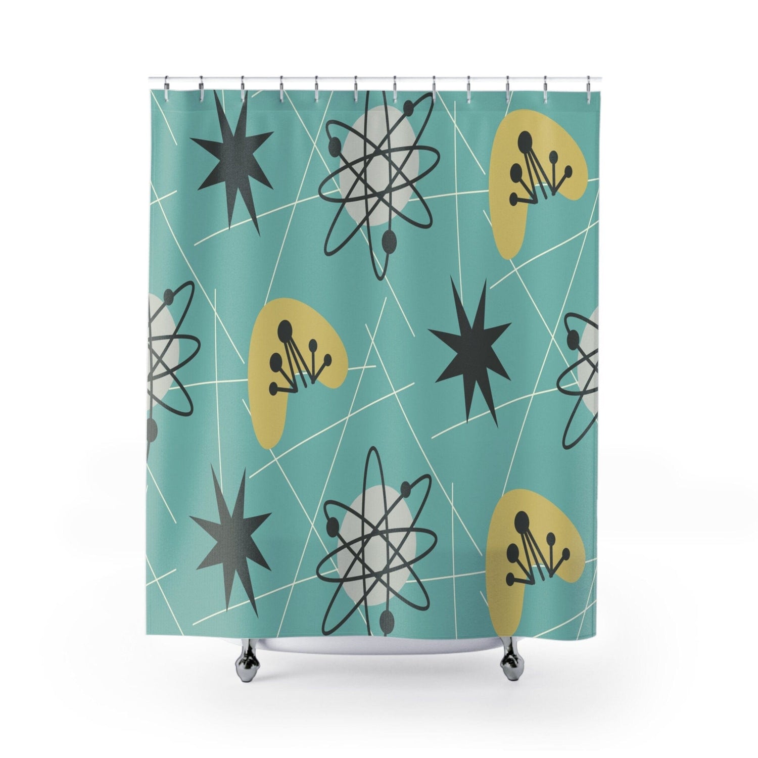 Kate McEnroe New York Shower Curtains in Mid Century Modern Retro 1950s Atomic Boomerang , Aqua Blue, Mustard Yellow MCM Starbursts Bath Curtains, Retro BathroomShower Curtains91807106435242948329