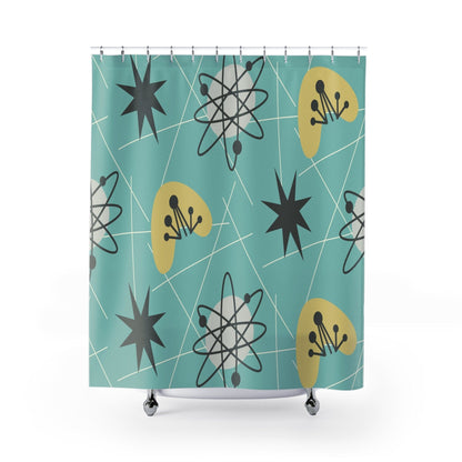 Kate McEnroe New York Shower Curtains in Mid Century Modern Retro 1950s Atomic Boomerang , Aqua Blue, Mustard Yellow MCM Starbursts Bath Curtains, Retro BathroomShower Curtains91807106435242948329