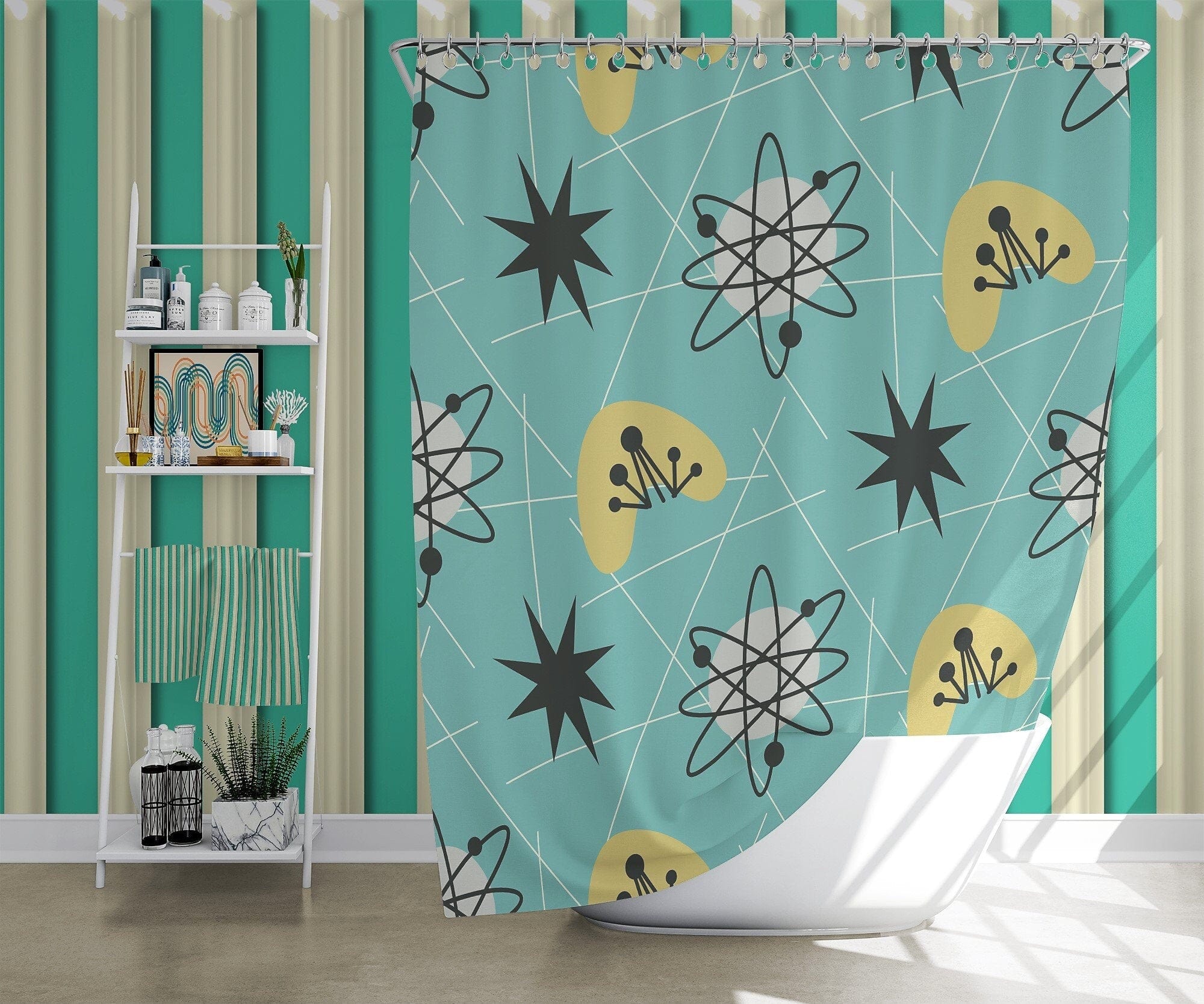 Kate McEnroe New York Shower Curtains in Mid Century Modern Retro 1950s Atomic Boomerang , Aqua Blue, Mustard Yellow MCM Starbursts Bath Curtains, Retro BathroomShower Curtains91807106435242948329