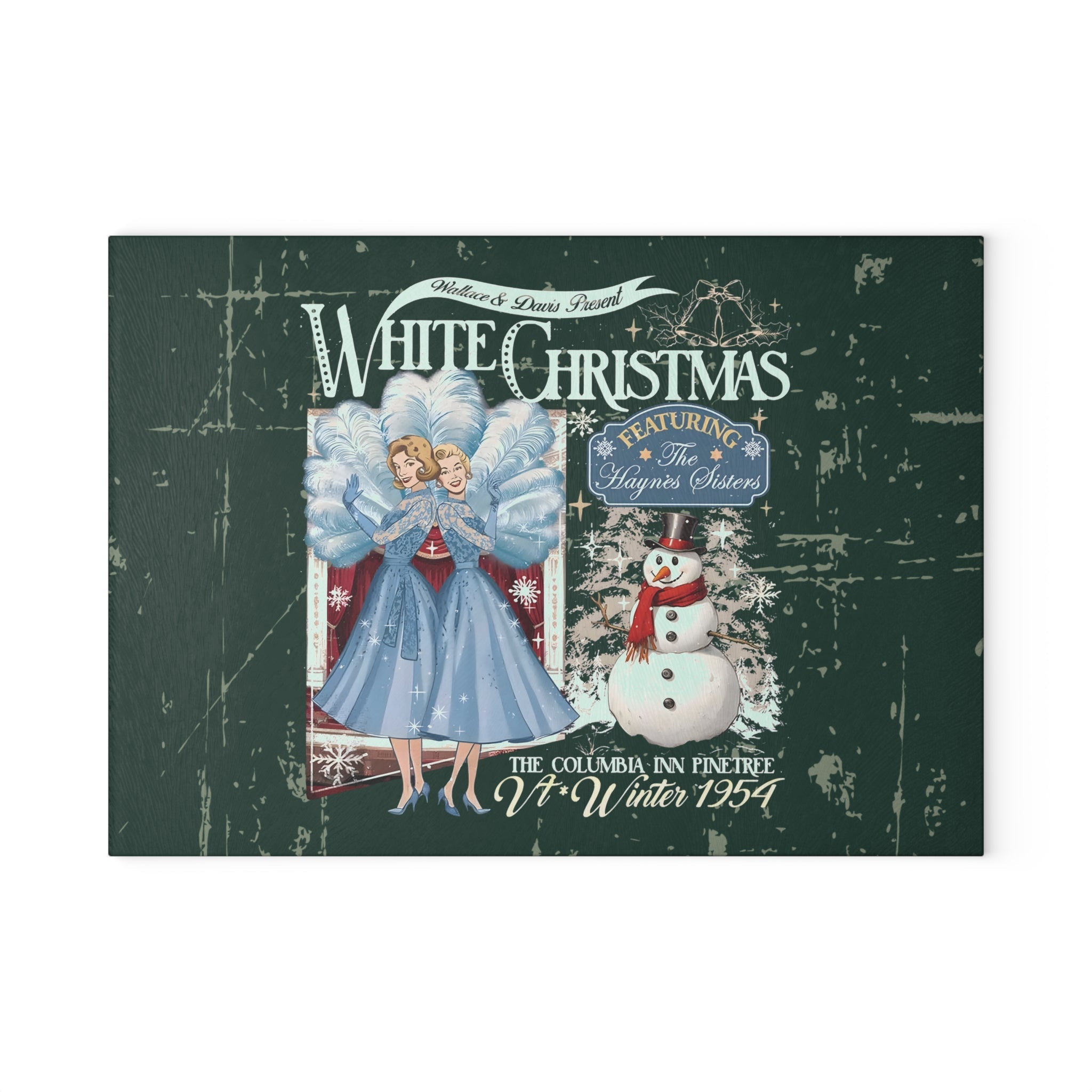 Kate McEnroe New York Sister Sister White Christmas Haynes Sisters Glass Cutting Board, Wallace And Davis Retro 1954 Movie Kitchen DecorCutting Boards11041184174122332395