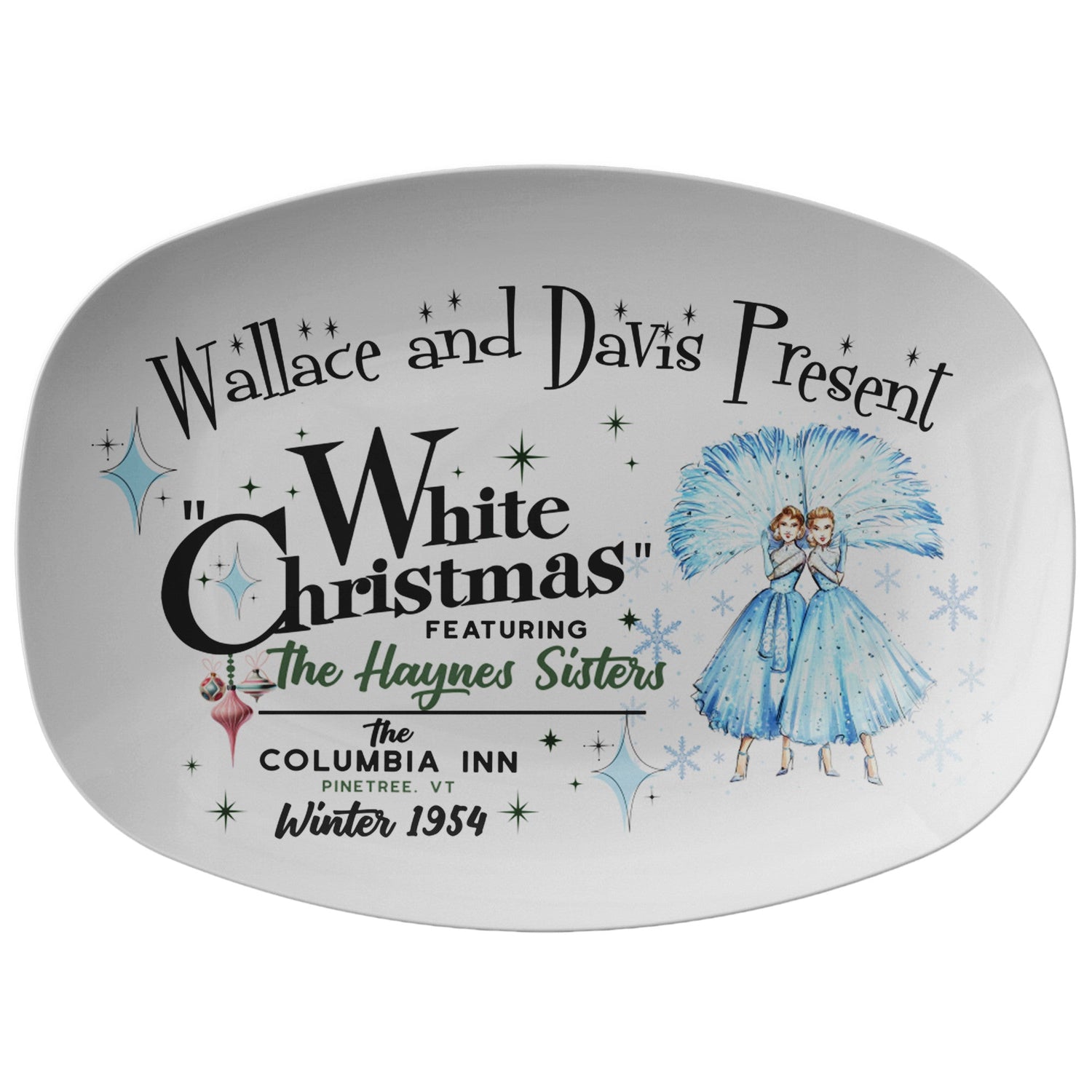 Kate McEnroe New York Sister Sister White Christmas Platter, Featuring Wallace and Davis, Haynes Sisters, Mid Century Modern Holiday DecorServing Platters9727