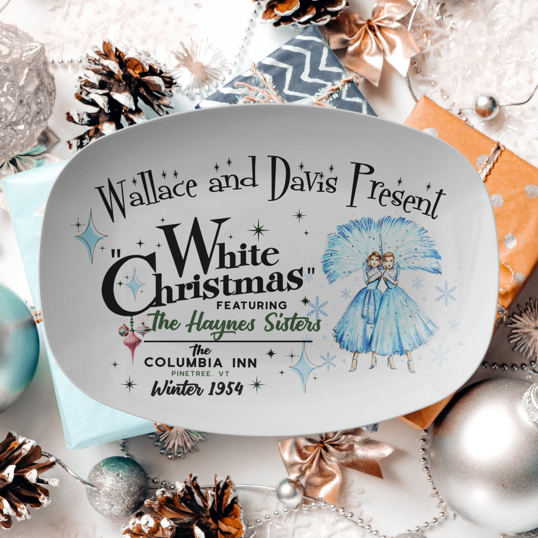 Kate McEnroe New York Sister Sister White Christmas Platter, Featuring Wallace and Davis, Haynes Sisters, Mid Century Modern Holiday DecorServing Platters9727