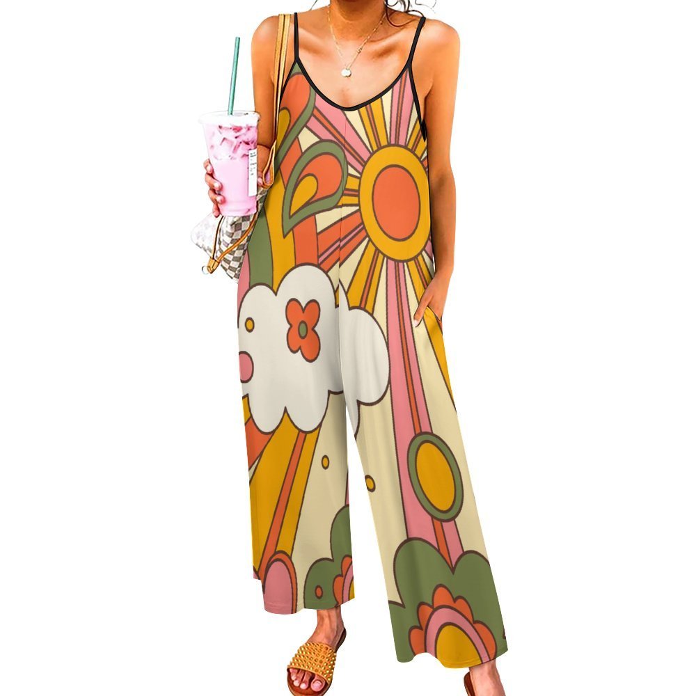 Kate McEnroe New York Spaghetti Strap Palazzo Jumpsuit in Mid Century Modern Sunshine 70s Retro Groovy Flower PowerDressesD3002642
