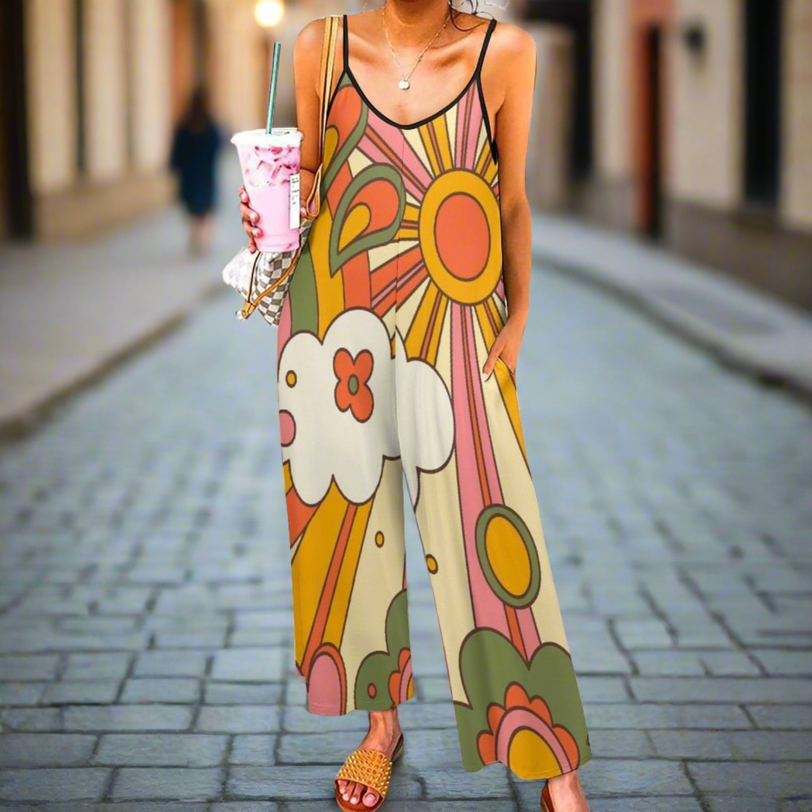 Kate McEnroe New York Spaghetti Strap Palazzo Jumpsuit in Mid Century Modern Sunshine 70s Retro Groovy Flower PowerDressesD3002642