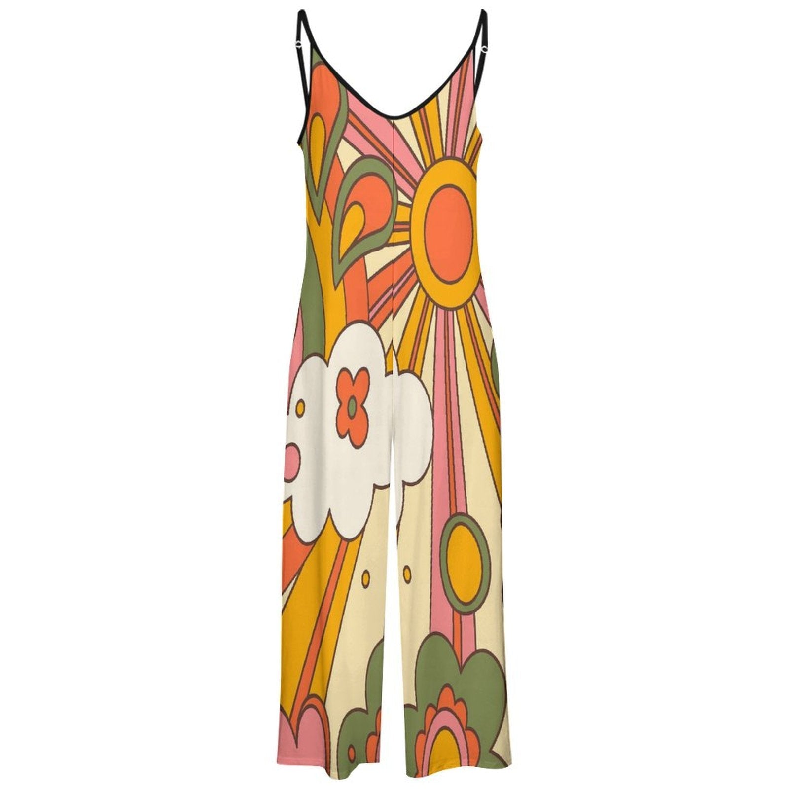 Kate McEnroe New York Spaghetti Strap Palazzo Jumpsuit in Mid Century Modern Sunshine 70s Retro Groovy Flower PowerDressesD3002642