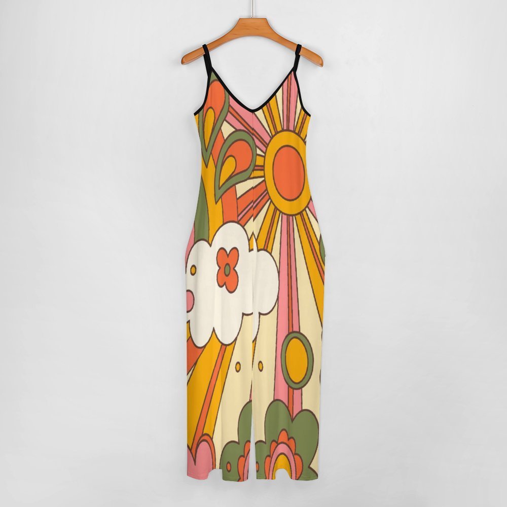 Kate McEnroe New York Spaghetti Strap Palazzo Jumpsuit in Mid Century Modern Sunshine 70s Retro Groovy Flower PowerDressesD3002642