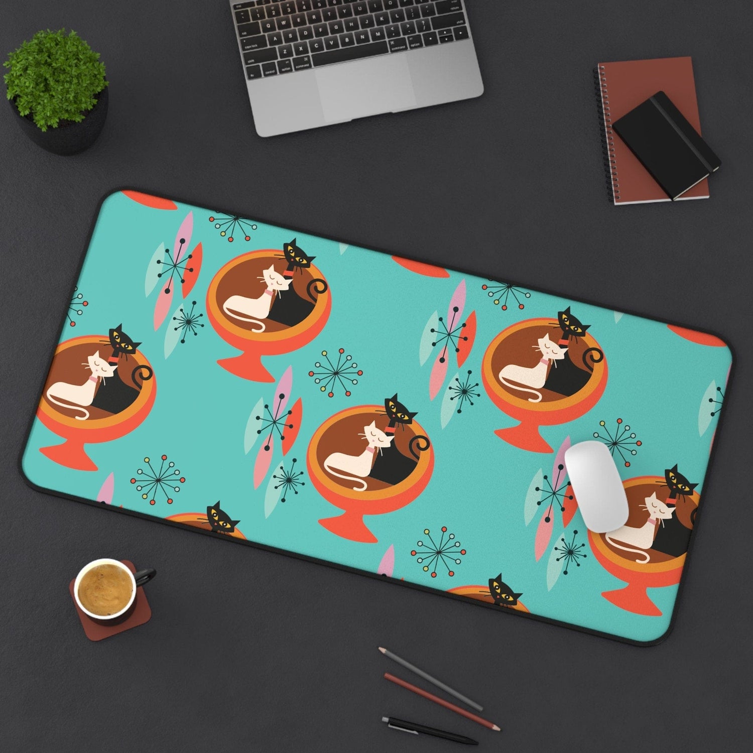 Kate McEnroe New York Sputnik Atomic Cat Desk Mat, Mid Century Modern Aqua Blue, Orange Retro Office AccessoriesDesk Pads29881806802002010443