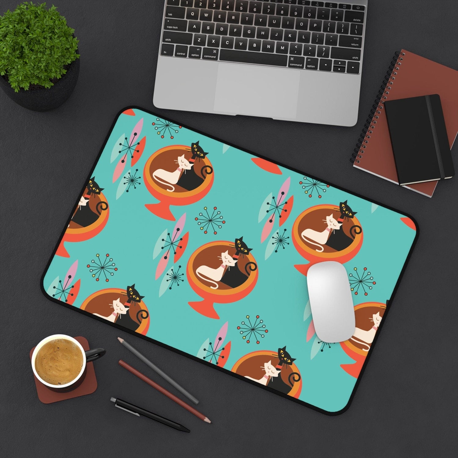 Kate McEnroe New York Sputnik Atomic Cat Desk Mat, Mid Century Modern Aqua Blue, Orange Retro Office AccessoriesDesk Pads29881806802002010443