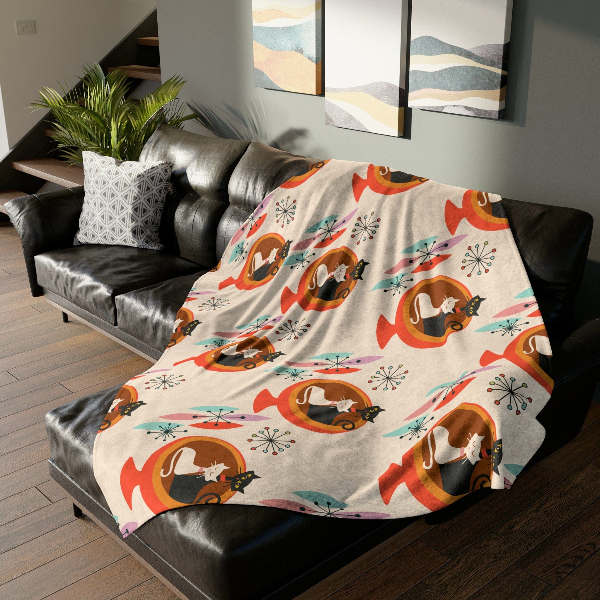 Kate McEnroe New York Sputnik Atomic Cat Peach Sherpa Fleece Blanket, Retro Mid Century DecorBlankets31601575200777170254