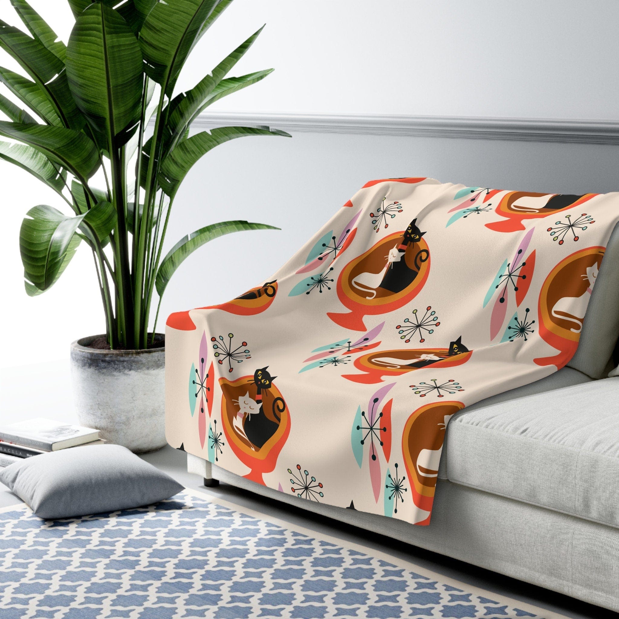 Kate McEnroe New York Sputnik Atomic Cat Peach Sherpa Fleece Blanket, Retro Mid Century DecorBlankets31601575200777170254