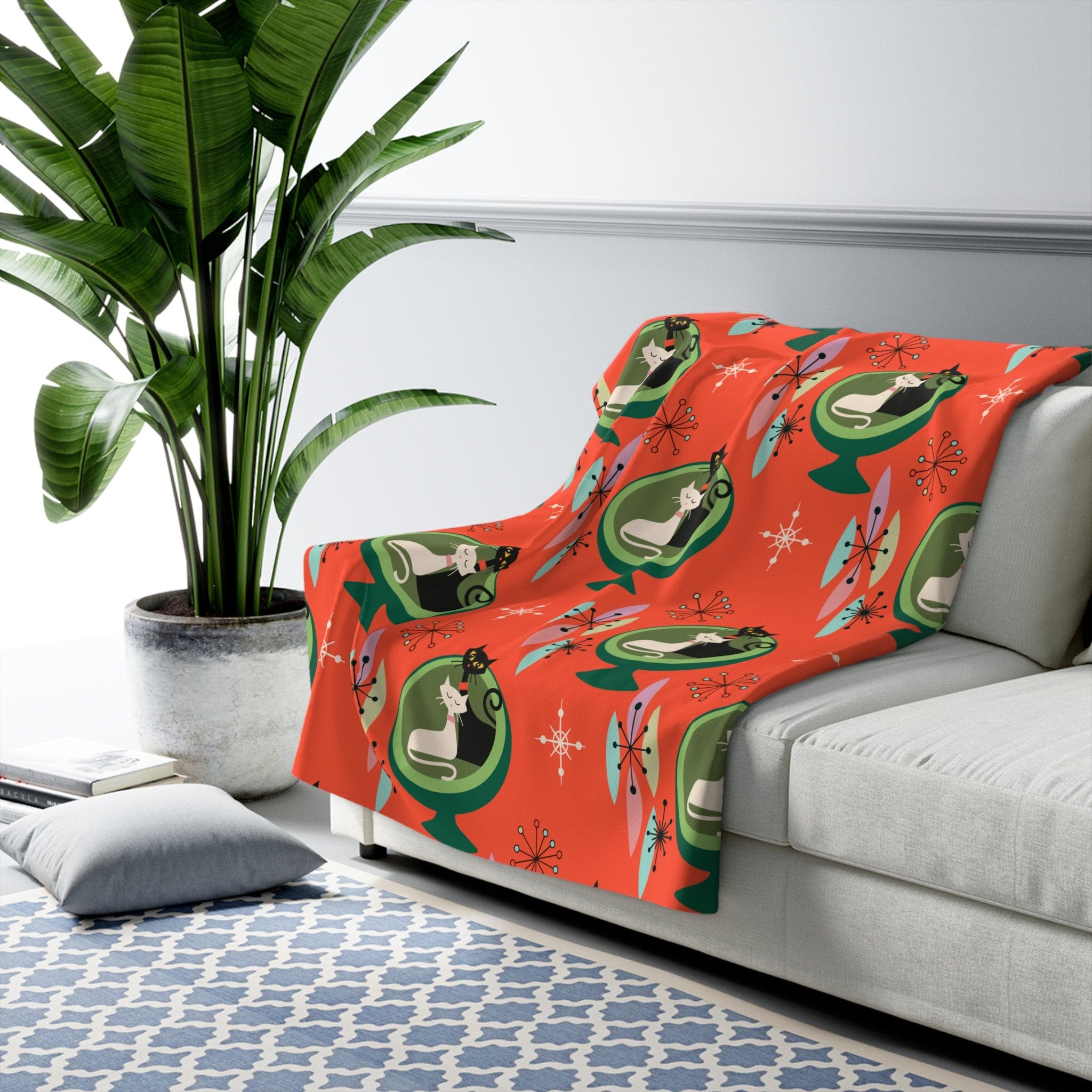 Kate McEnroe New York Sputnik Atomic Cat Sherpa Fleece Blanket, Retro Mid Century DecorBlankets33953793690778550924