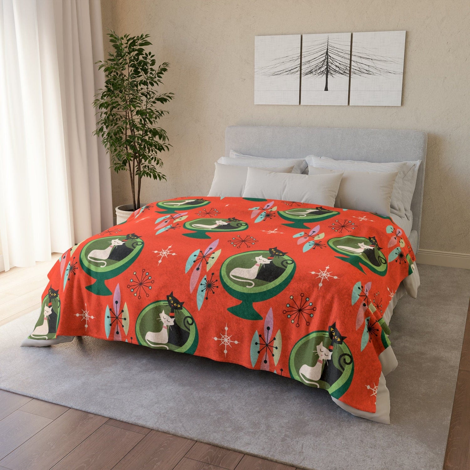 Kate McEnroe New York Sputnik Atomic Cat Sherpa Fleece Blanket, Retro Mid Century DecorBlankets33953793690778550924