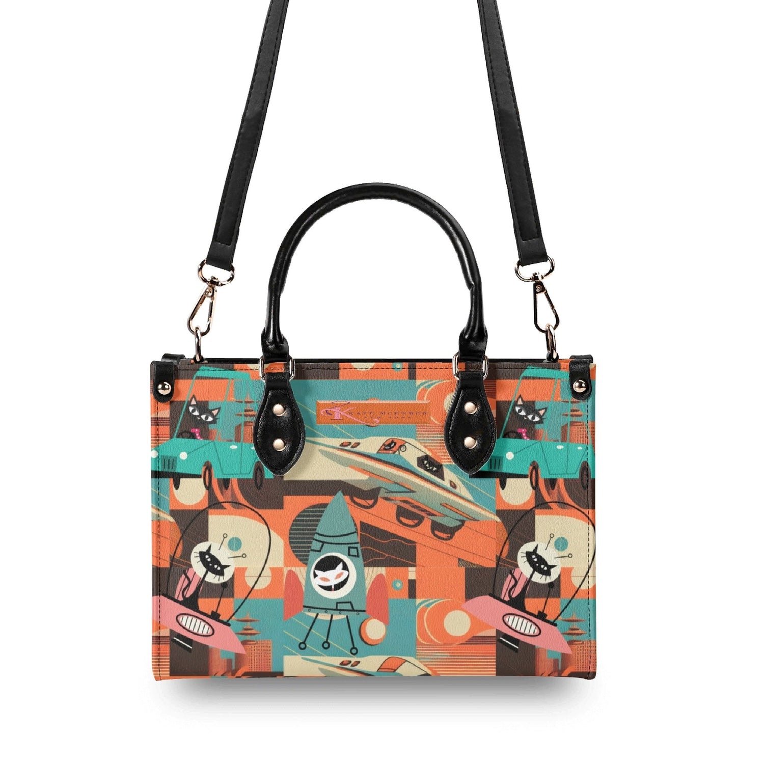 Kate McEnroe New York Sputnik Space Age Atomic Cat Handbag, Mid Century Modern Retro Futuristic Satchel, 50s Kitsch Rocket PurseHandbagsWDX3LO5N - 1