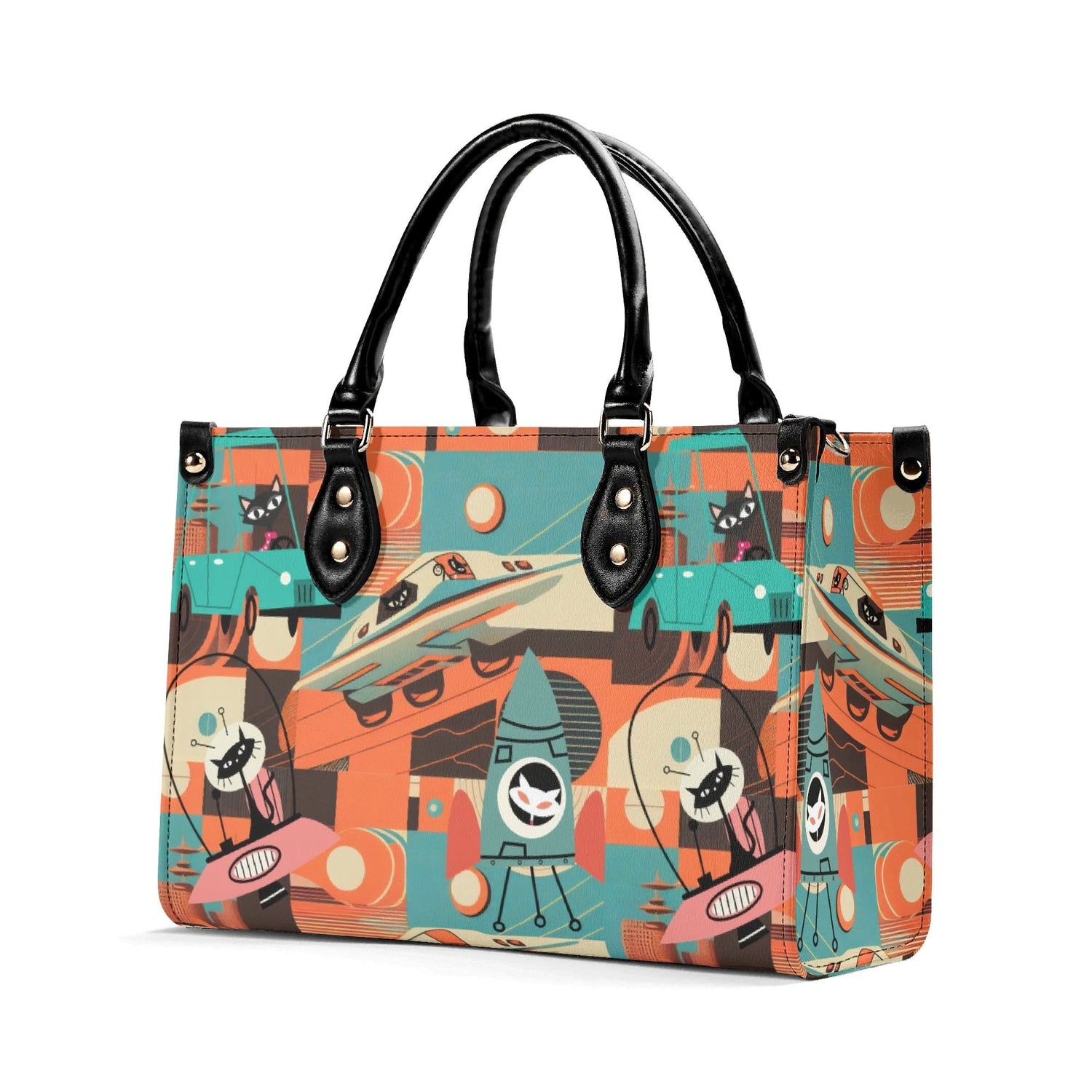 Kate McEnroe New York Sputnik Space Age Atomic Cat Handbag, Mid Century Modern Retro Futuristic Satchel, 50s Kitsch Rocket PurseHandbagsWDX3LO5N - 1