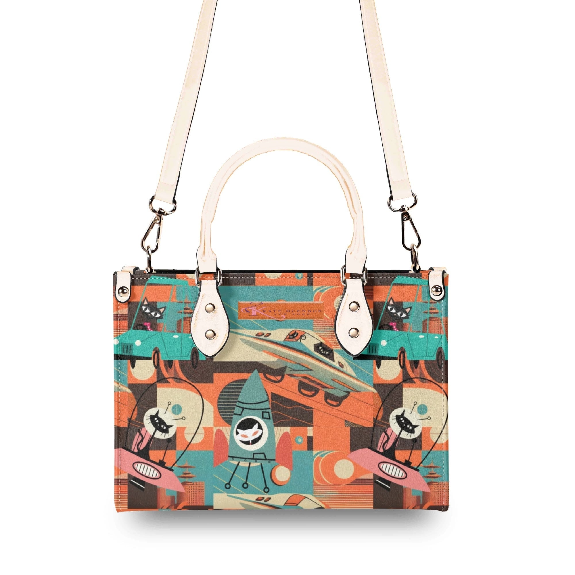 Kate McEnroe New York Sputnik Space Age Atomic Cat Handbag, Mid Century Modern Retro Futuristic Satchel, 50s Kitsch Rocket PurseHandbagsWDX3LO5N - 1