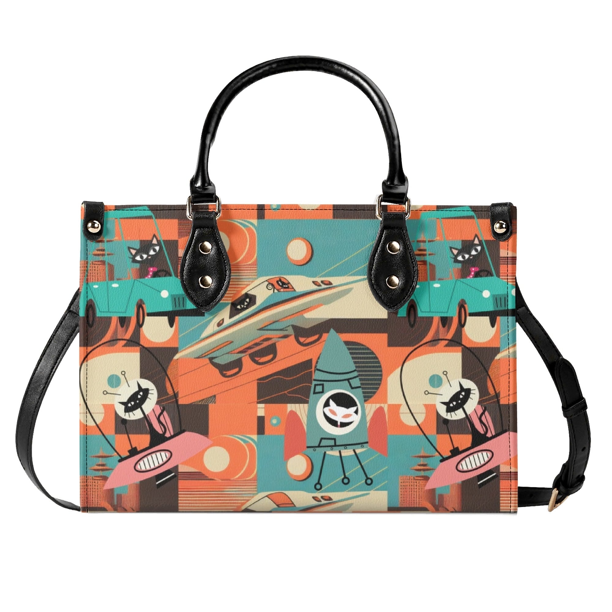 Kate McEnroe New York Sputnik Space Age Atomic Cat Handbag, Mid Century Modern Retro Futuristic Satchel, 50s Kitsch Rocket PurseHandbagsWDX3LO5N - 1