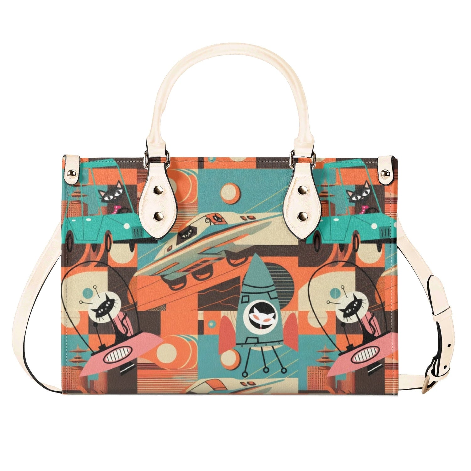 Kate McEnroe New York Sputnik Space Age Atomic Cat Handbag, Mid Century Modern Retro Futuristic Satchel, 50s Kitsch Rocket PurseHandbagsWDX3LO5N - 4