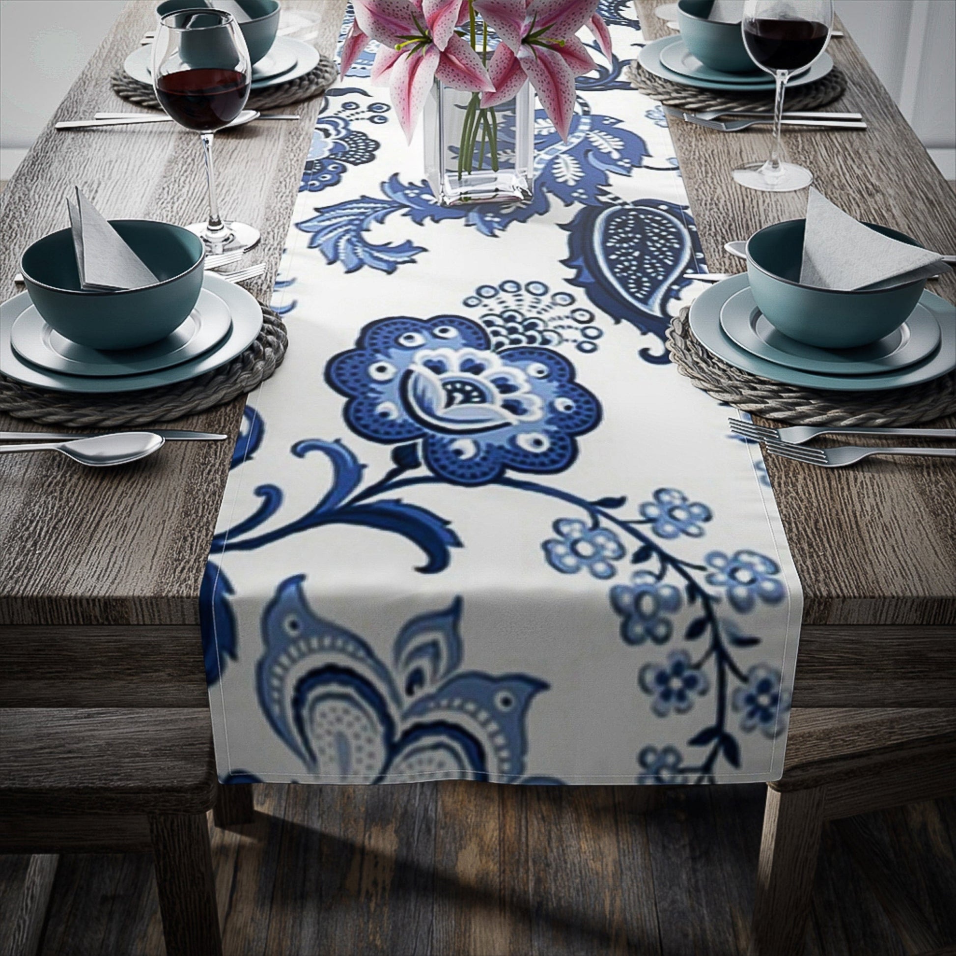 Kate McEnroe New York Table Runner in Luxury Blue and White Floral Chinoiserie Table Runners