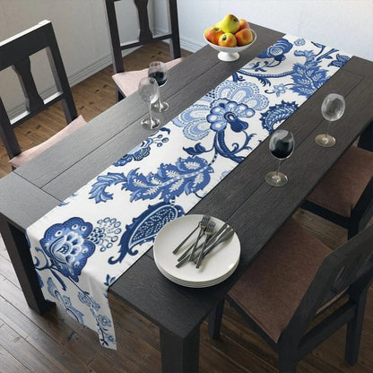 Kate McEnroe New York Table Runner in Luxury Blue and White Floral Chinoiserie Table Runners 16x72 inch TableRunner-CottonTwill-16x72-20220723174059520
