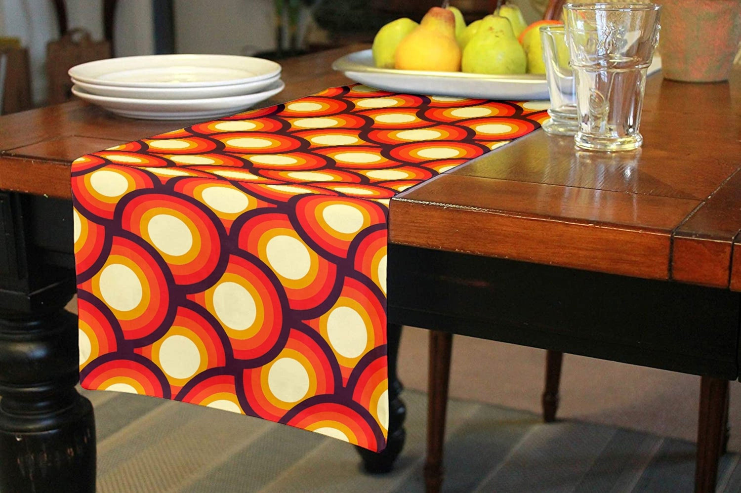 Kate McEnroe New York Table Runner in Mid Century Modern Geometric Print, Custom Designed 1970s Retro Table Linens, Orange Yellow MCM Table Decor, Retro TablewareTable Runners31139466463458332105
