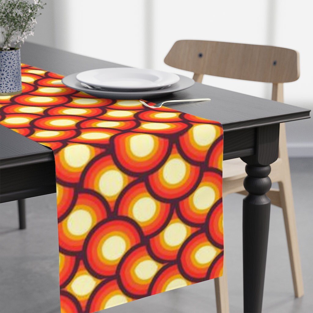 Kate McEnroe New York Table Runner in Mid Century Modern Geometric Print, Custom Designed 1970s Retro Table Linens, Orange Yellow MCM Table Decor, Retro TablewareTable Runners31139466463458332105