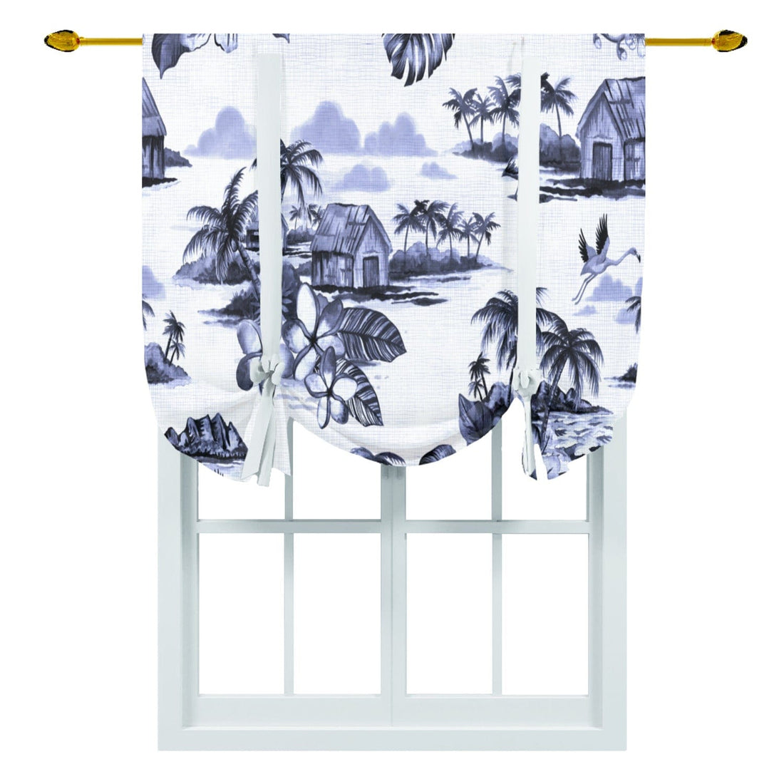 Kate McEnroe New York Tie Up Curtain in Vintage Hawaiian Tropical Island Scenes Navy BlueTie - up Curtains55755