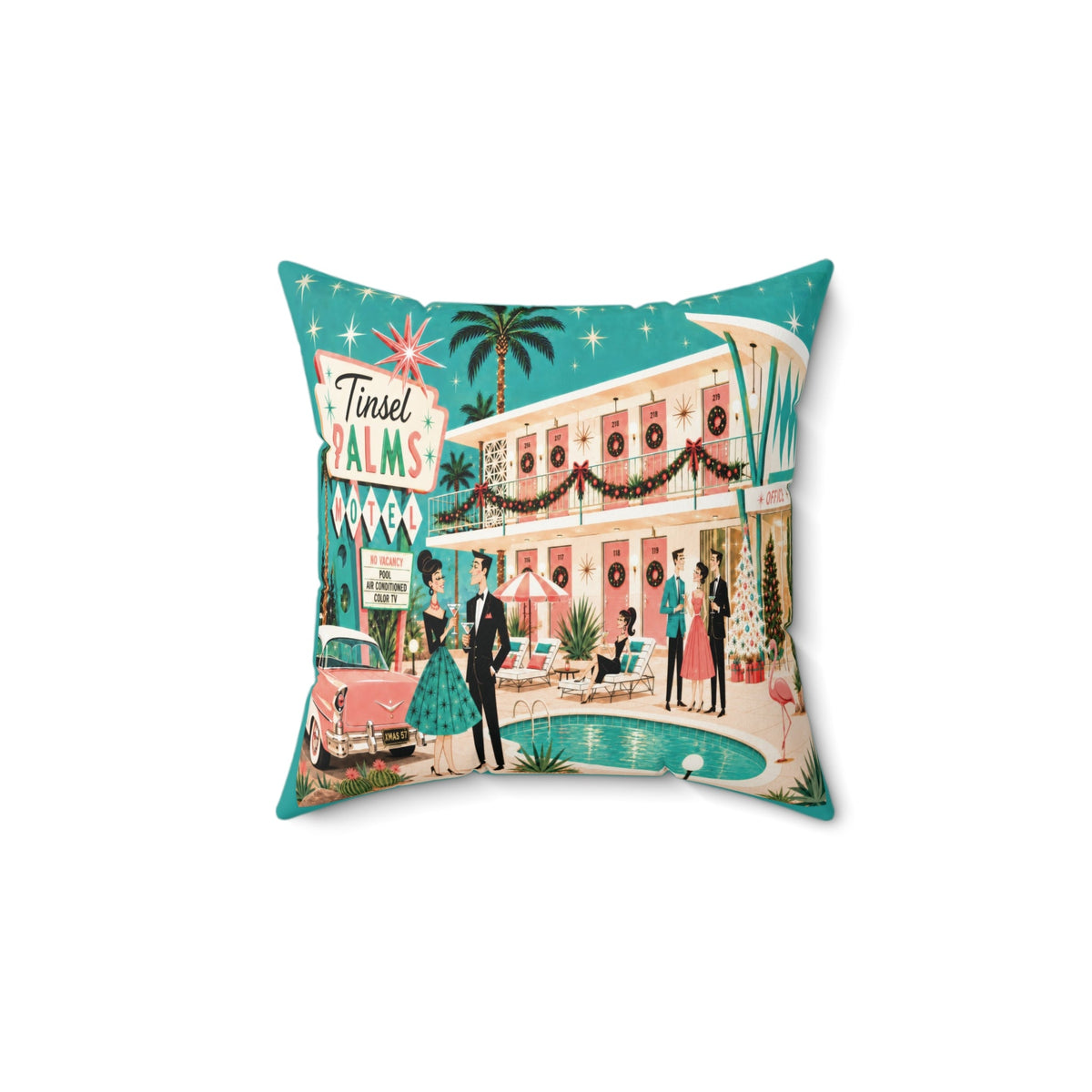 Kate McEnroe New York Tinsel Palms Motel 1950s Palm Springs Christmas Throw PillowThrow Pillows11217912934126304457