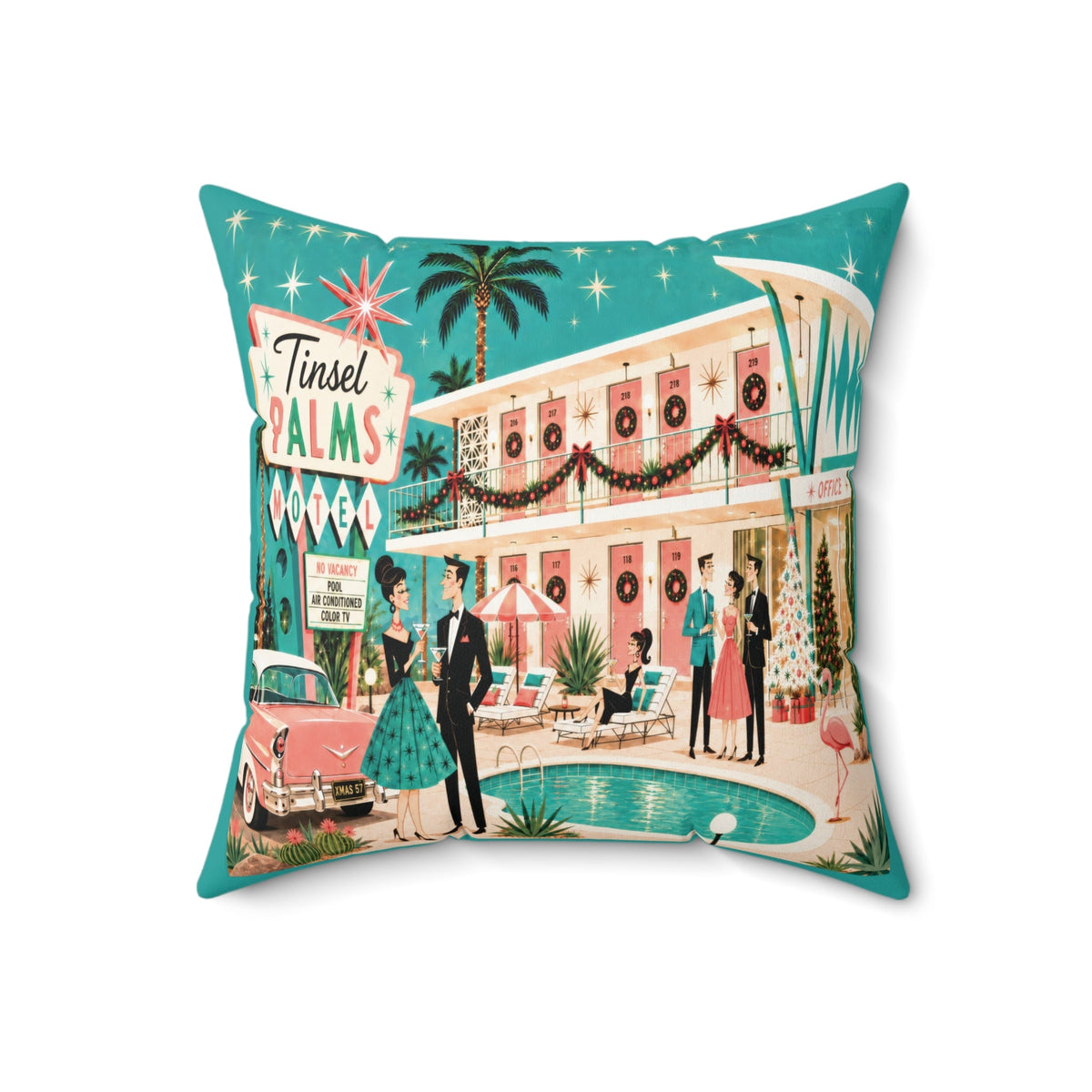 Kate McEnroe New York Tinsel Palms Motel 1950s Palm Springs Christmas Throw PillowThrow Pillows11217912934126304457