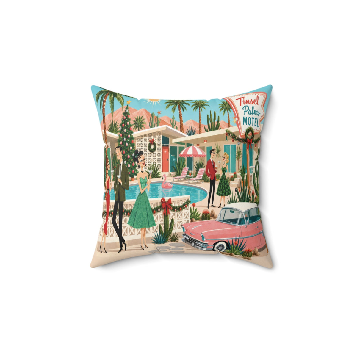 Kate McEnroe New York Tinsel Palms Motel Palm Springs Mid Century Christmas Throw PillowThrow Pillows25323803420326255921