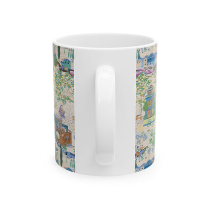 Kate McEnroe New York Toile De Jouy Mug, Blue and Green Floral Coffee Mug, Traditional Asian Country Scene with Horses, Rustic Chic Botanical DrinkwareMugs28184967832090854839