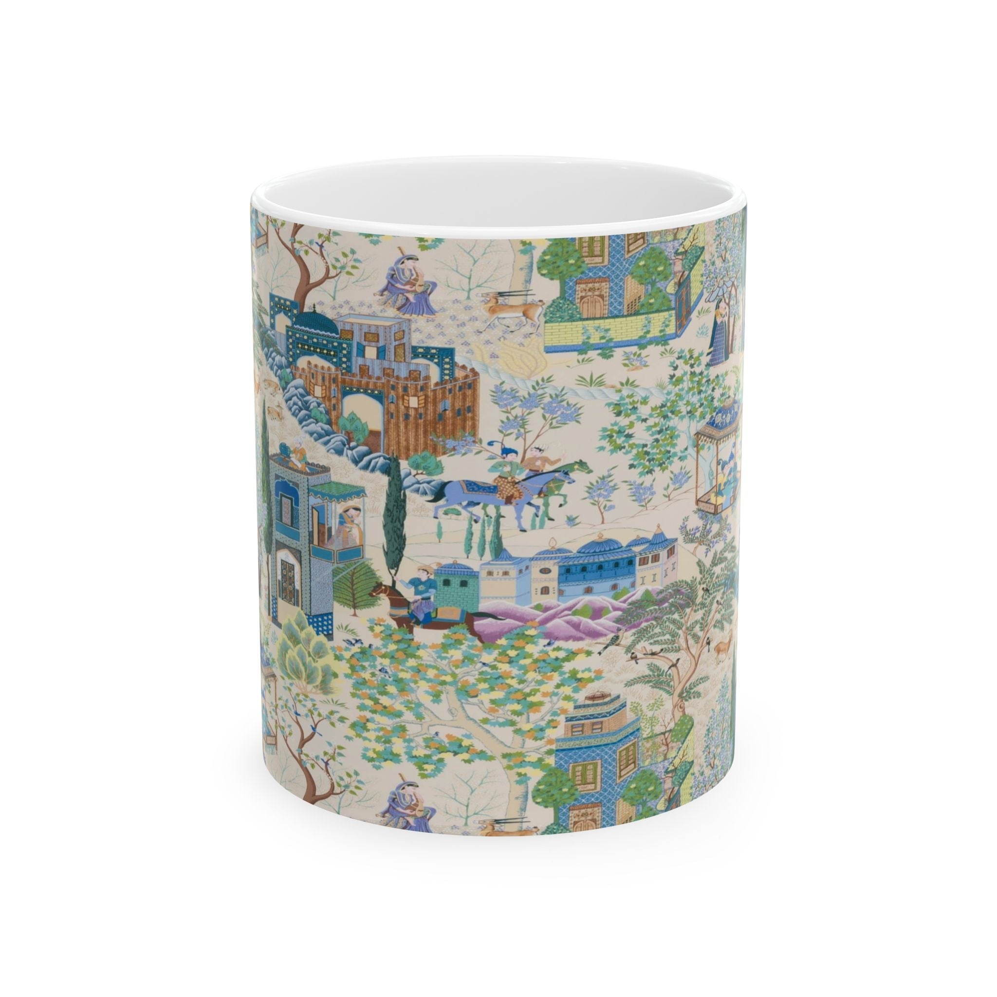 Kate McEnroe New York Toile De Jouy Mug, Blue and Green Floral Coffee Mug, Traditional Asian Country Scene with Horses, Rustic Chic Botanical DrinkwareMugs28184967832090854839