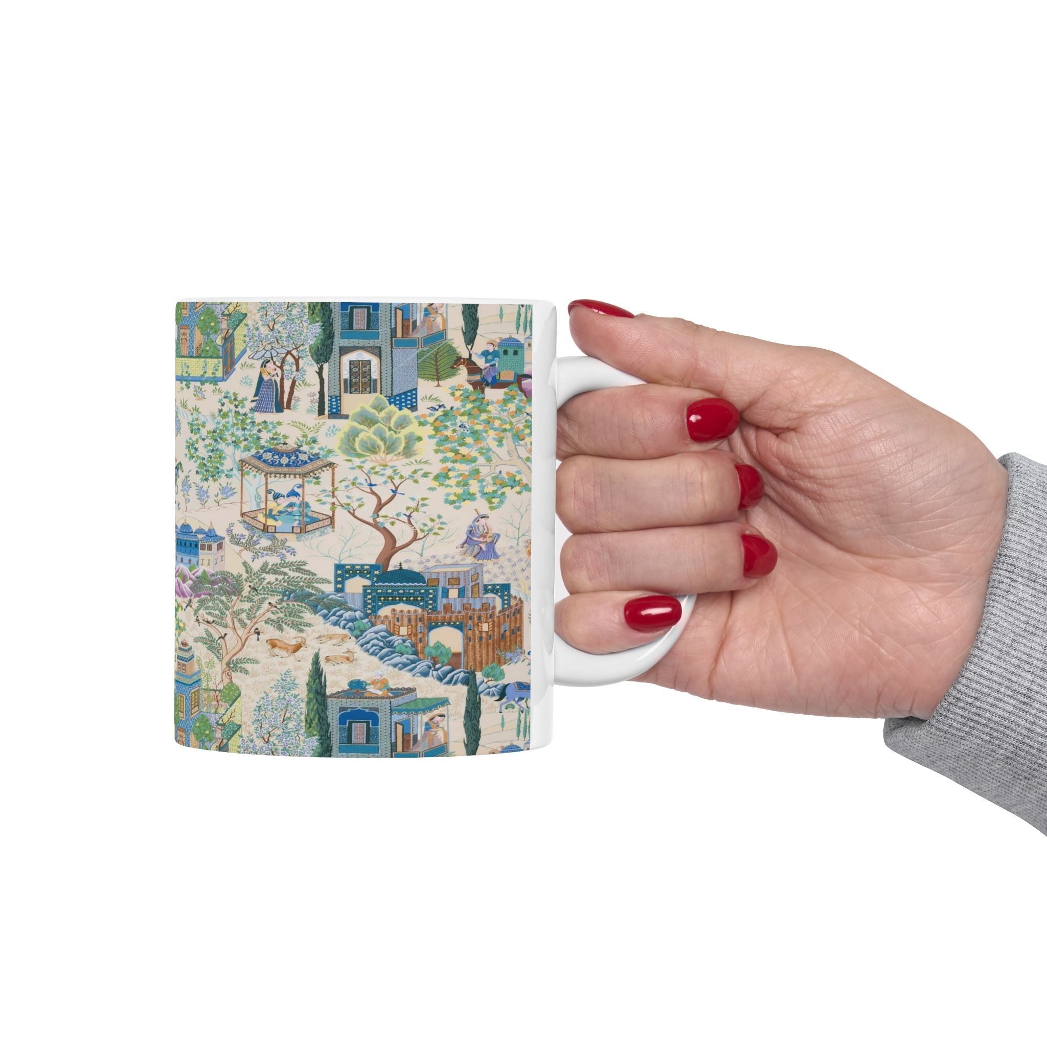 Kate McEnroe New York Toile De Jouy Mug, Blue and Green Floral Coffee Mug, Traditional Asian Country Scene with Horses, Rustic Chic Botanical DrinkwareMugs28184967832090854839