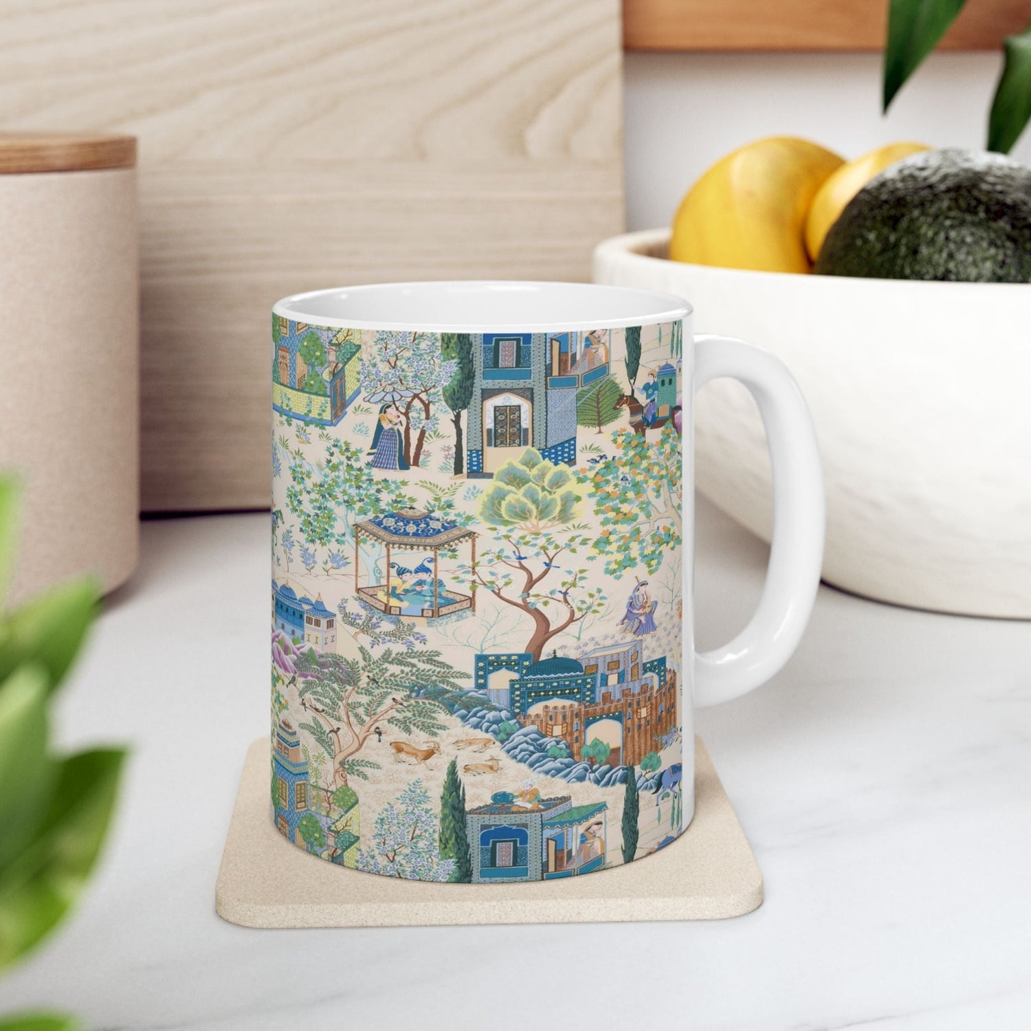 Kate McEnroe New York Toile De Jouy Mug, Blue and Green Floral Coffee Mug, Traditional Asian Country Scene with Horses, Rustic Chic Botanical DrinkwareMugs28184967832090854839