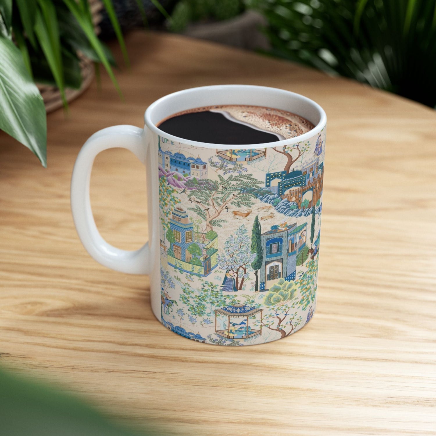 Kate McEnroe New York Toile De Jouy Mug, Blue and Green Floral Coffee Mug, Traditional Asian Country Scene with Horses, Rustic Chic Botanical DrinkwareMugs28184967832090854839